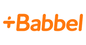 Babbel's orange logo with a stylized lowercase 'b' on a dark green background.